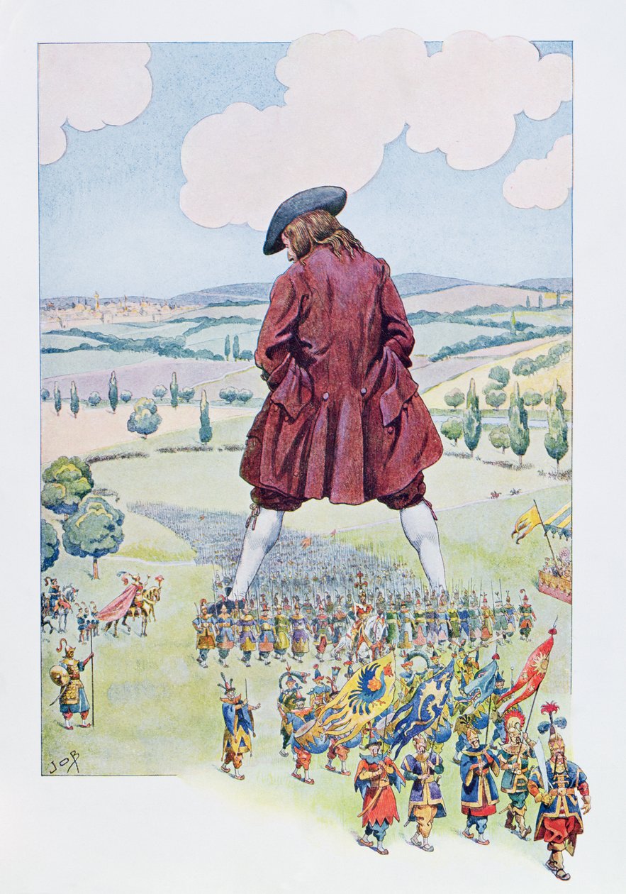 Gulliver Inspecting the Lilliputian Army, illustration from a French